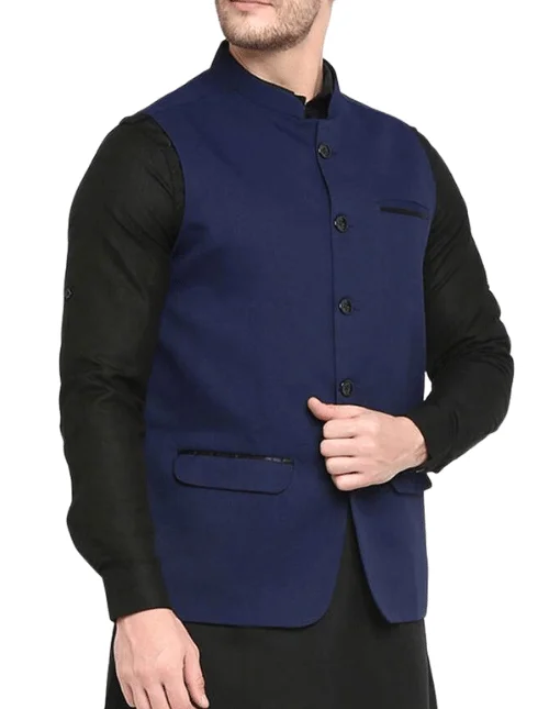Blue Cotton Blend Nehru Jacket – Stylish & Versatile Plain Sadri for Men