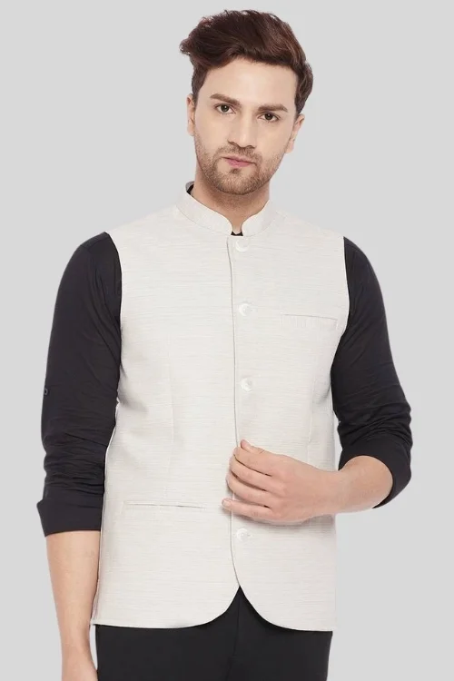 Cream Poly Rayon Nehru Jacket/Sadri for Men – Sophisticated Charm & Comfort