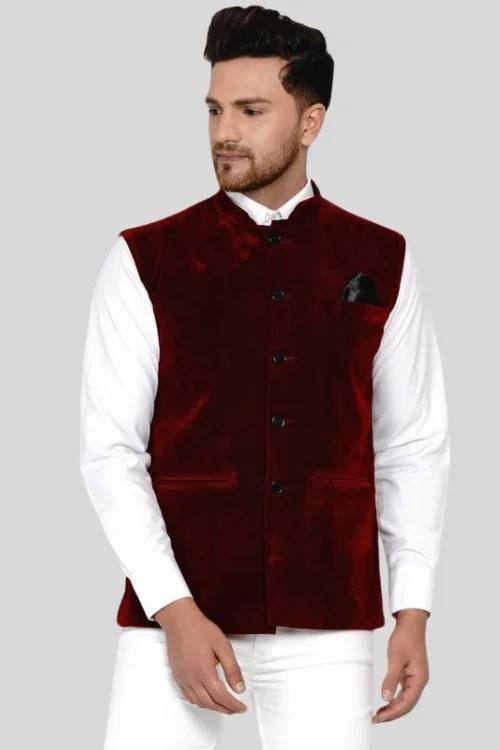 Maroon Velvet Nehru Jacket/Sadri for Men