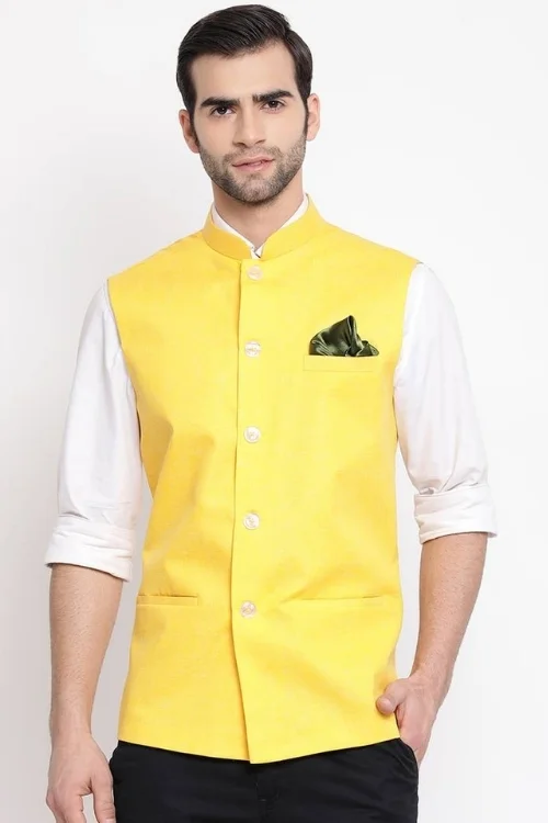 Yellow Partywear Nehru Jacket/Sadri for Men