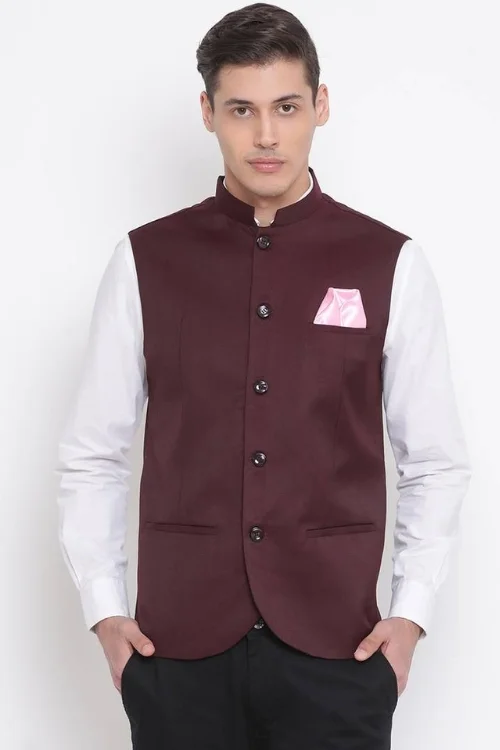 Elegant Maroon Cotton Blend Nehru Jacket for Men