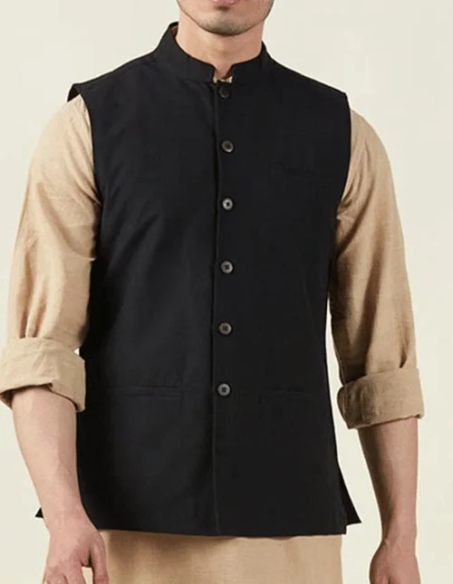 Black Men Viscose Nehru Jacket/Sadri– Classic Elegance with All-Day Comfort