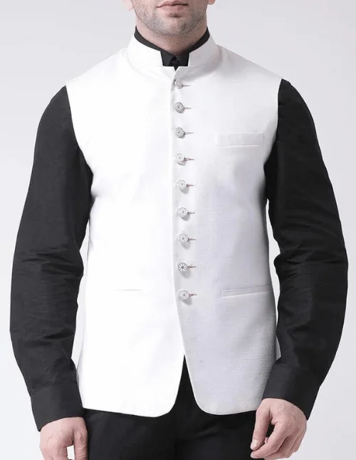 White Partywear Nehru Jacket/Sadri for Men