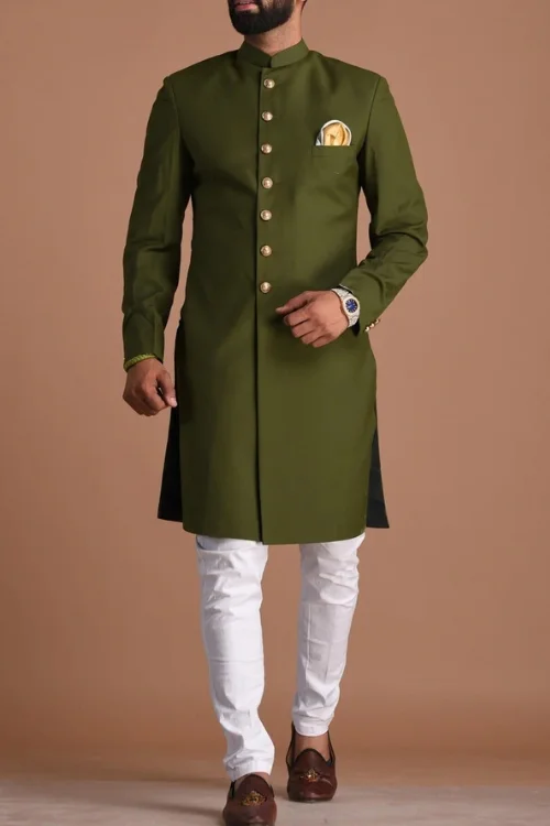 Majestic Battle Green Jodhpuri Achkan Set A Symbol of Power & Elegance