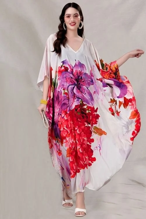 Designer-Inspired Long Kaftan Kurti for Women – Vibrant Digital Prints & Relaxed Fit