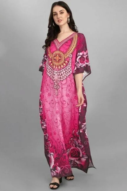 Hand-Stone Embellished Kaftan Style Long Kurti with Digital Print