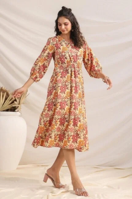 Women’s Yellow Cotton Floral Gathered Dress