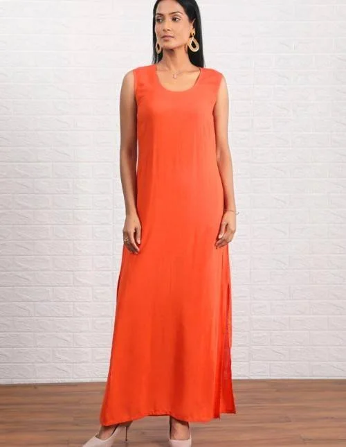 Orange Cotton Linen Solid Sleeveless Long Kurta set