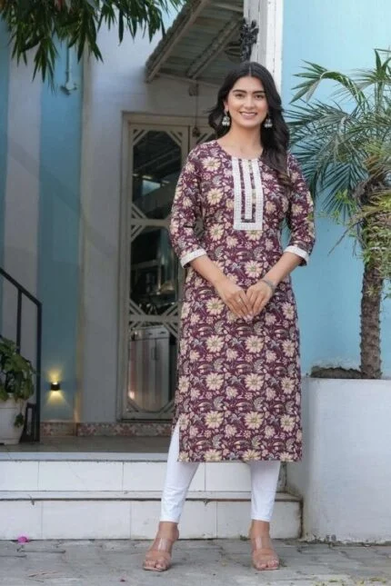 Brown Pure Cotton Printed Kurta For Ladies
