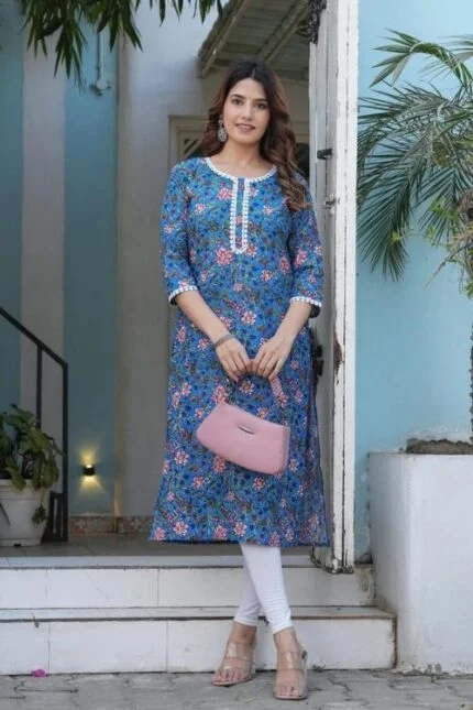 Blue Printed Ladies Pure Cotton Kurta Ethnic Wear for Every Occasion