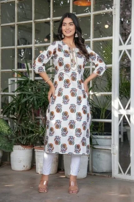 White Pure Cotton Printed Kurta For Ladies