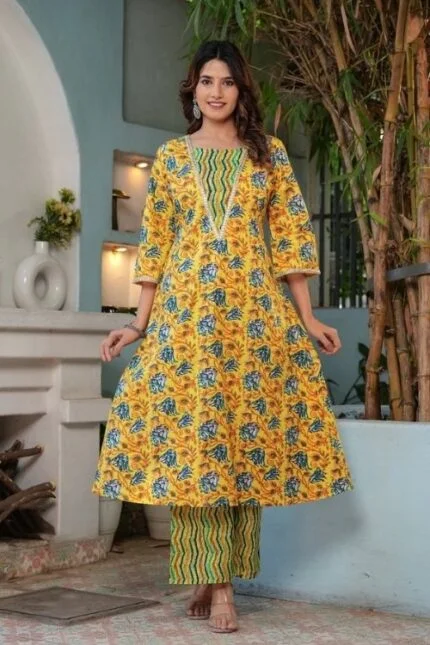 Yellow Cotton Printed Anarkali Kurta Plazzo Set