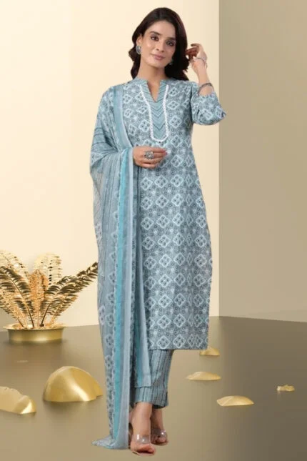Blue Readymade Cotton Printed Kurta Set with Dupatta for Women