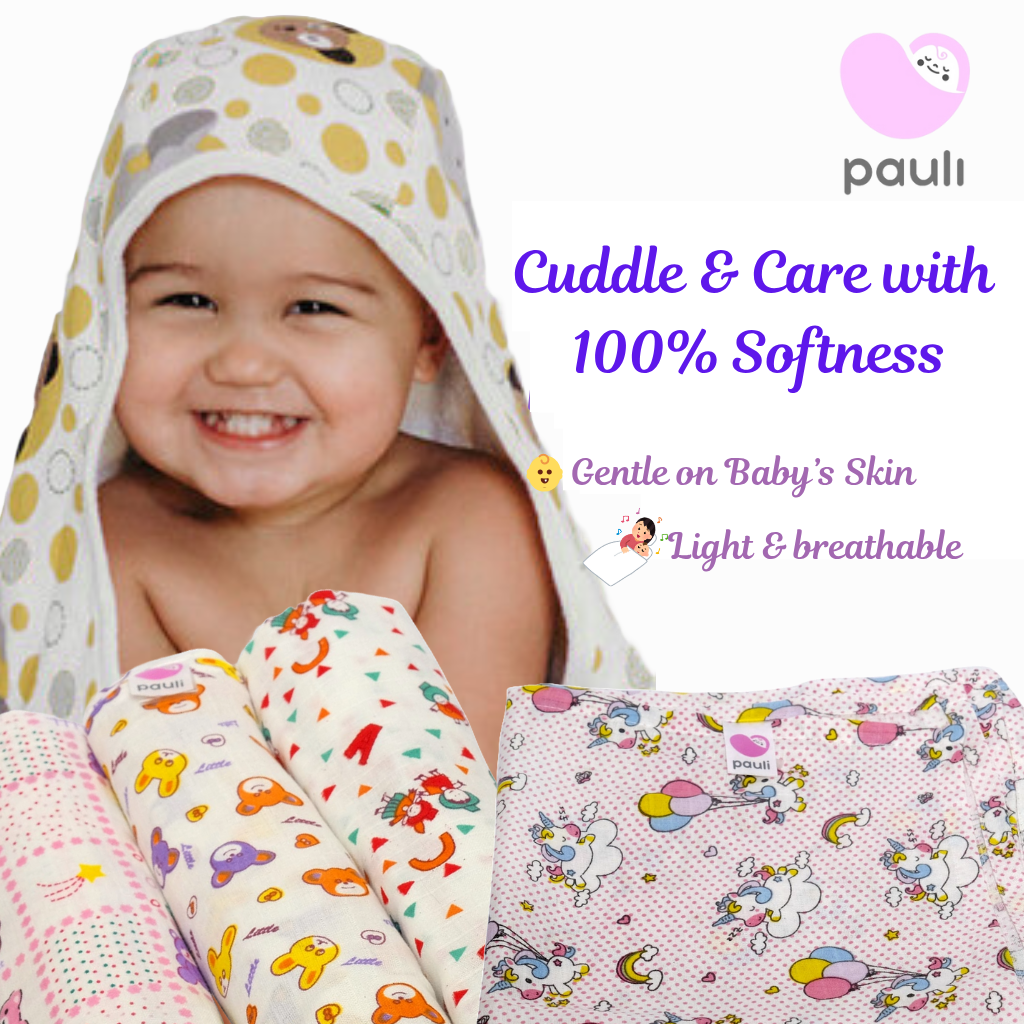 PAULI 100% Cotton Muslin Swaddles Wrap I Set of 2 I 100x100 cm I Soft Swaddle Cloth for New Born Baby (0-6 Months) I Attractive Multicolor Swaddle (Unicorn, Bunny, Taddy, ABCD)
